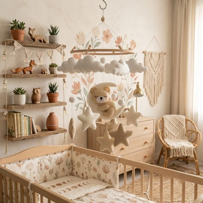 mobile ourson lune et étoiles pour lit bébé suspendu au dessus de lit bébé à barreaux beige