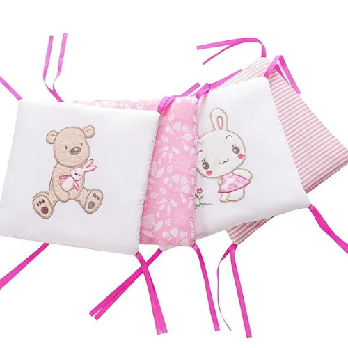 tour de lit bebe ourson et lapin rose coussins avec attahes