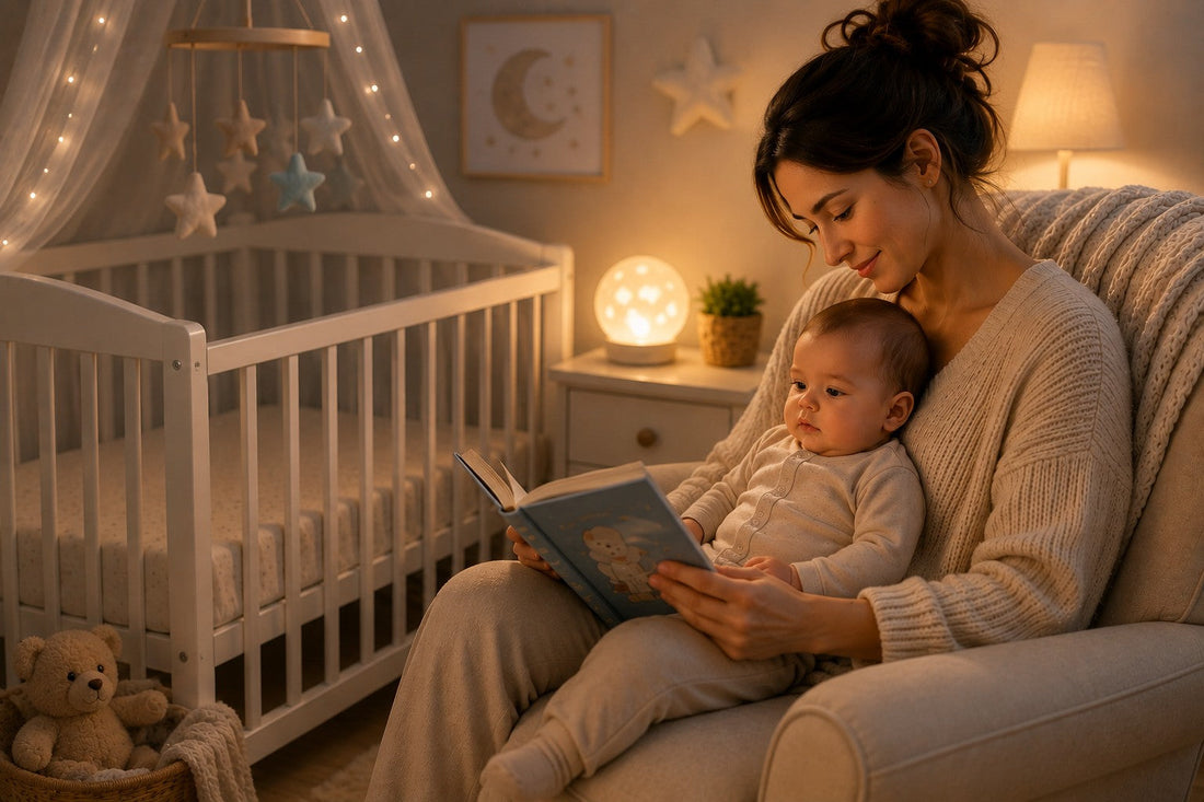 bébé assis sur les genoux de sa maman qui lui lit une histoire dans une ambiance douce