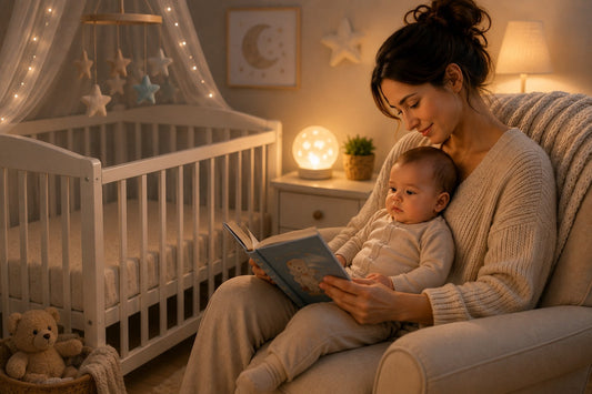 bébé assis sur les genoux de sa maman qui lui lit une histoire dans une ambiance douce