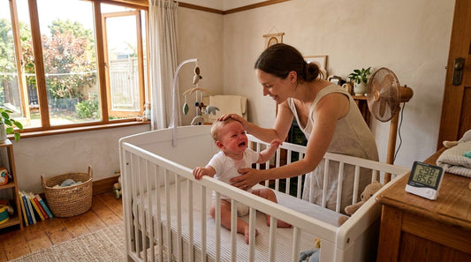 bébé assis en pleure souffrant de la chaleur maman le caresse et le calme