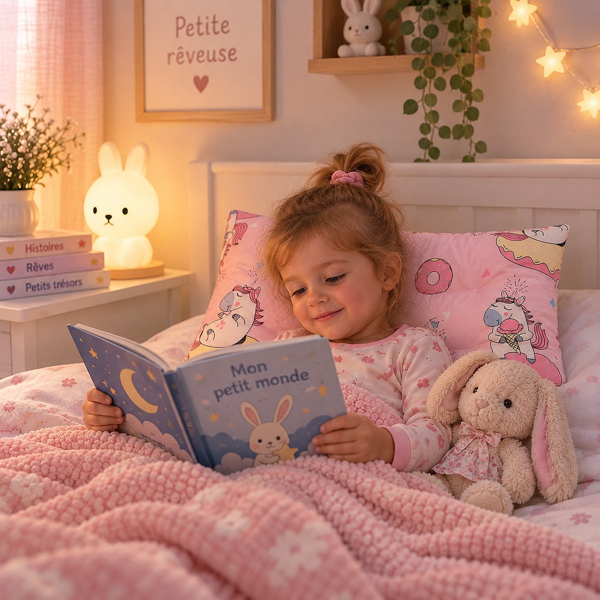 Coussin enfant réversible licorne rose dans chambre de petite fille avec livre dans ses mains