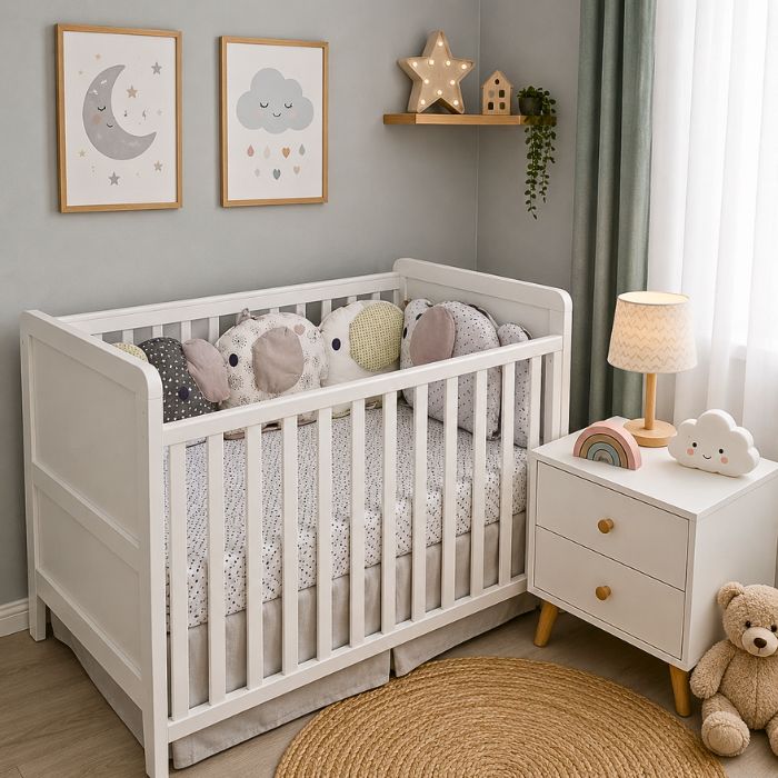Tour de lit bébé éléphant coton naturel dans lit à barreaux dans la chambre de bébé