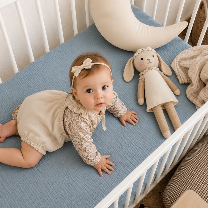 bébé à quatre pates sur drap housse lit bébé gaze de coton bleu