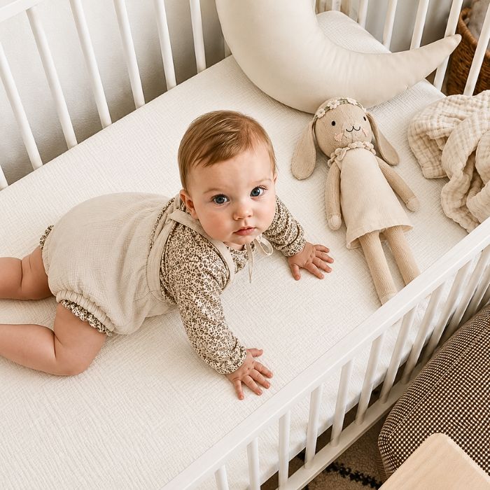 bébé a quatre pattes sur drap housse bébé gaze de coton écru tout doux dans lit à barreaux blanc