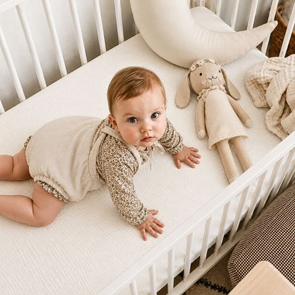 bébé a quatre pattes sur drap housse bébé gaze de coton écru tout doux dans lit à barreaux blanc