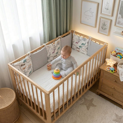 bébé assis et joue dans son lit protégé par tour de lit bébé complet dino