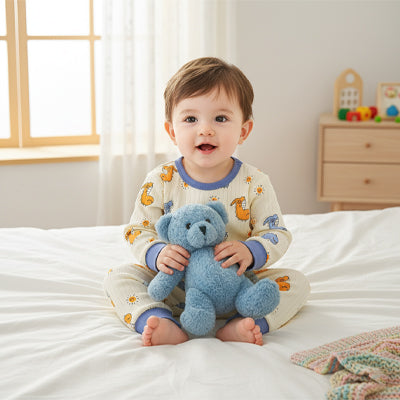 bebe-avec-son-doudou-habille-en-Pyjama-bebe-imprime-bleu