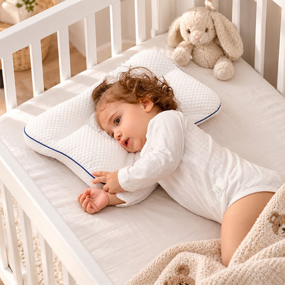 bébé couché dans son lit sur l'oreiller bébé ergonomique 