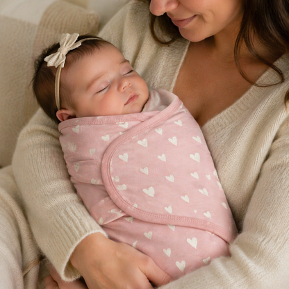 bebe-fille-dans-les-bras-de-sa-maman-couverte-avec-couverture-d-emmaillotage-bebe-rose-coeurs
