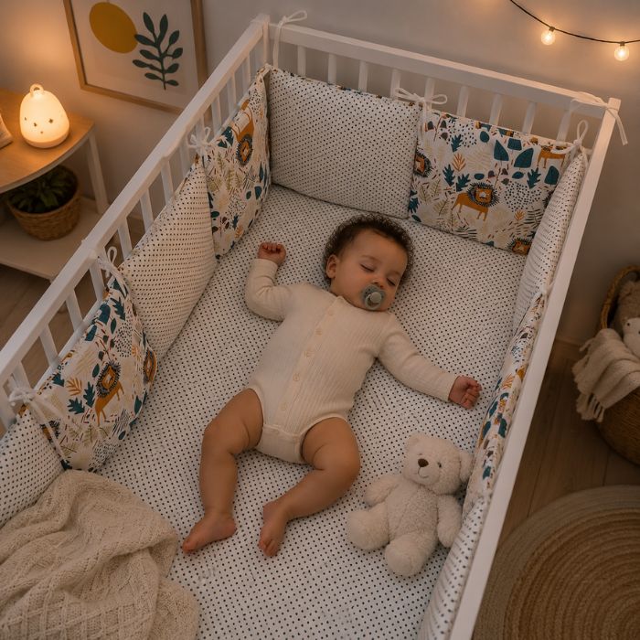 bébé dort dans lit blanc à barreaux entouré de tour de lit bébé garçon set complet savane