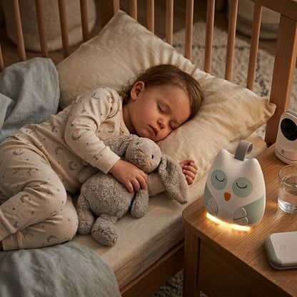 bébé dort sereinement dans lit à barreaux avec machine à  bruit blanc hibou sur la table de nuit