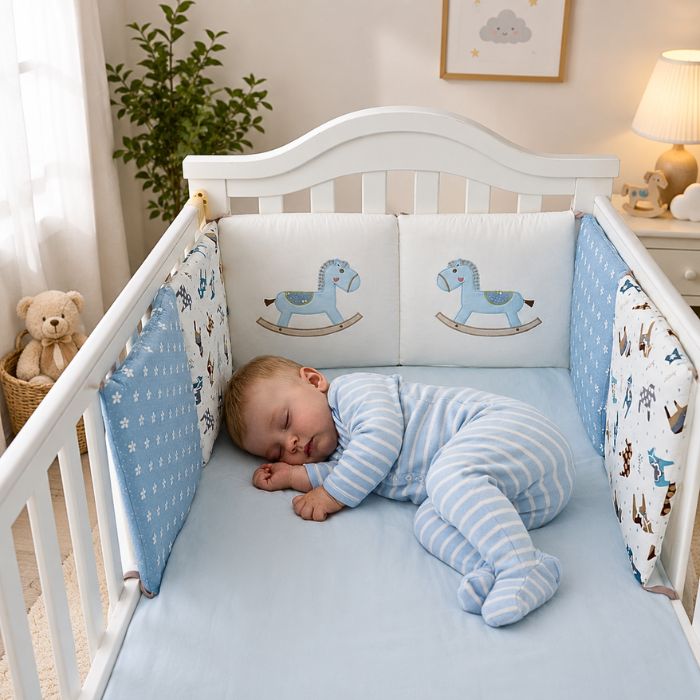 bébé dort sereinement avec tour de lit bébé cheval bleu