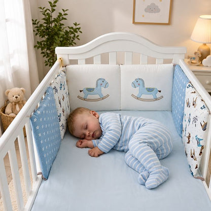 bébé dort sereinement avec tour de lit bébé cheval bleu