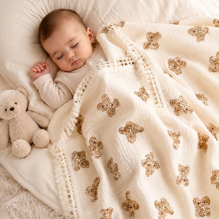 bebe endormi paisiblement couvert avec couverture bebe a frange ourson
