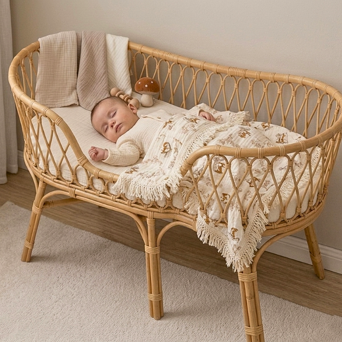 bebe-endormi-paisiblement-dans-un_berceau-sous-la-couverture-bebe-motifs-foret-et-lapins-avec-franges