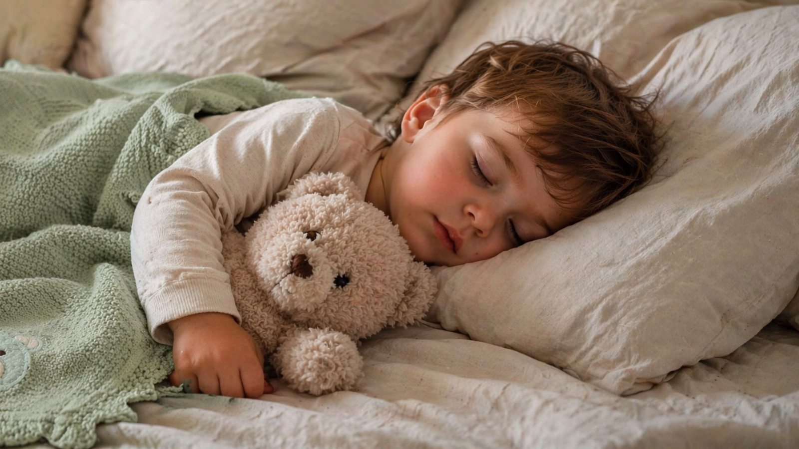 bebe-endormi-sereinement-avec-couverture-verte-et-doudou-ours-dans-ses-bras