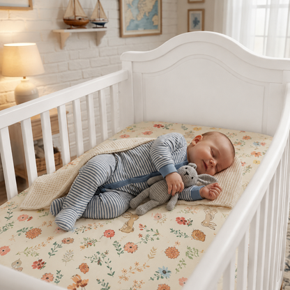 bébé endormi sur drap housse bébé garden rabbit et fleurs champêtres