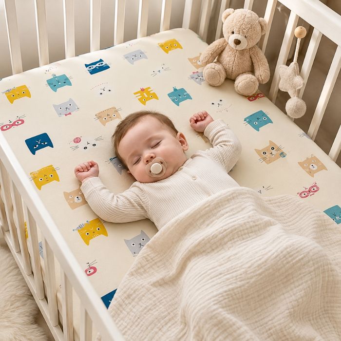 bébé endormi sur drap housse lit bébé chats kawaii avec doudou ours