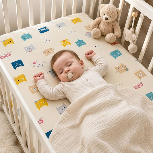 bébé endormi sur drap housse lit bébé chats kawaii avec doudou ours