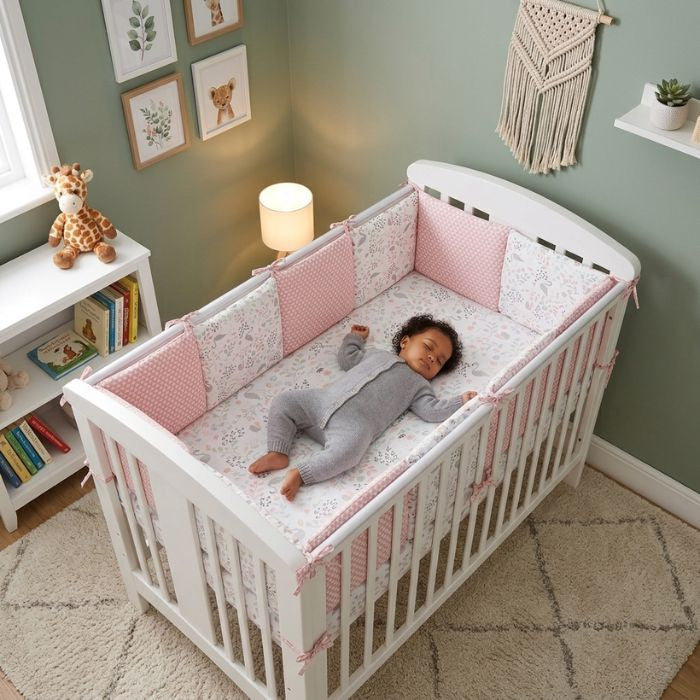 bébé fille endormie entourée de tour de lit bébé flamants et roses dans lit à barreaux blanc