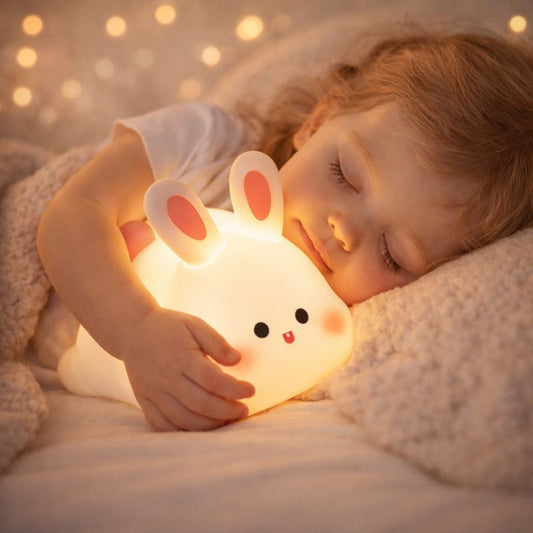bebe-fille-dort-paisiblement-avec-veilleuse-lapin