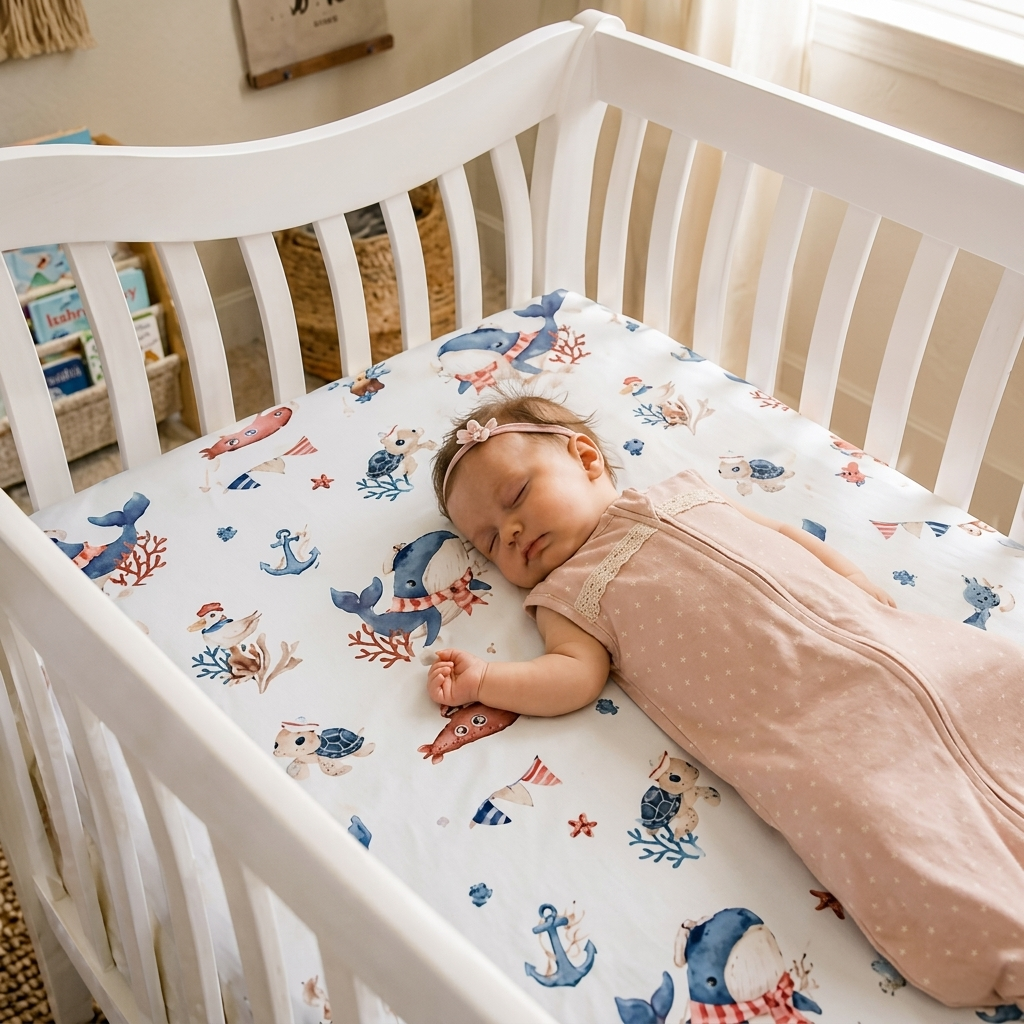bébé fille endormie sur drap housse lit bébé aventurier terre et mer