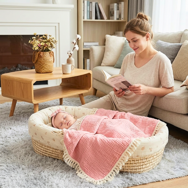 bebe-fille-endormie-sereinement-couverte-par-couverture-bebe-avec-frange-rose-uni-a-cote-de-sa-maman