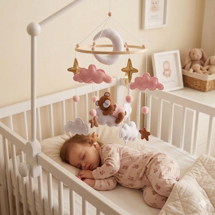 bebe-fille-endormie-avec-mobile-ourson-suspension-de-lit-bebe