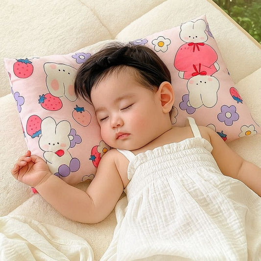 bébé fille endormie avec oreiller bébé rêve de velours motifs lapin fraise et fleur