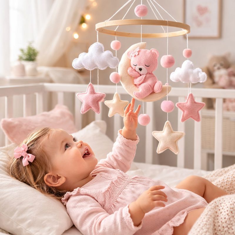bebe-fille-joue-avec-mobile-ourson-rose