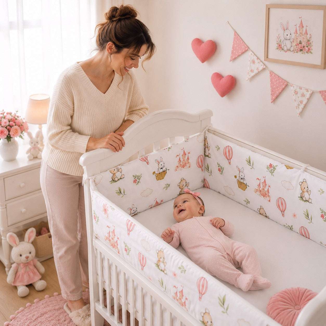 bébé fille souriante avec sa maman protégée par tour de lit bébé fille château lapin enchanté 