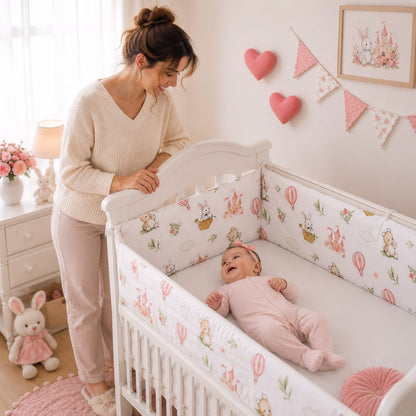 bébé fille souriante avec sa maman protégée par tour de lit bébé fille château lapin enchanté 