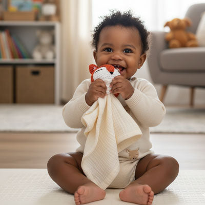 bebe-heureux-assis-avec-doudou-renard-creme-dans-les-mains