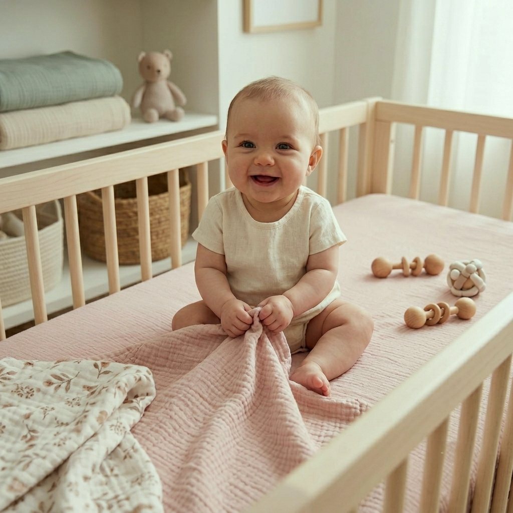 bébé souriant assis sur drap housse lit bébé beige uni