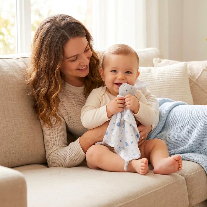 bébé souriant dans les bras de sa maman avec doudou lapin céleste et champêtre