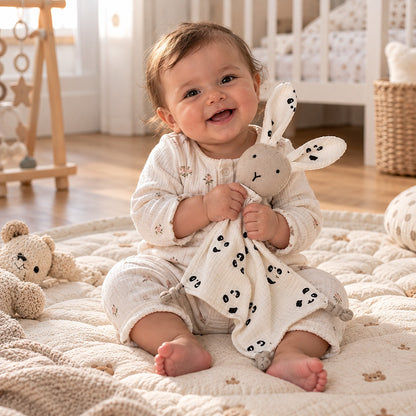 bébé souriant et son doudou lapin douce tendresse 