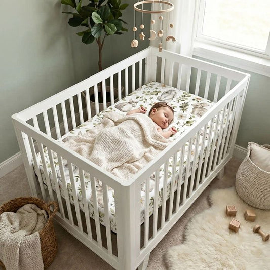 Bébé endormi dans lit à barreaux blanc avec drap housse lit bébé lapinou motifs lapins et fleurs aquarelle - décoration chambre bébé naturelle