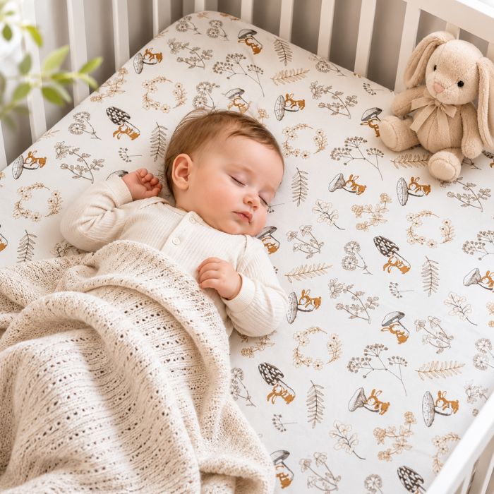 Bébé endormi dans un lit à barreaux blanc sur drap housse bebe motif forêt et lapins, avec couverture tricot beige et doudou lapin