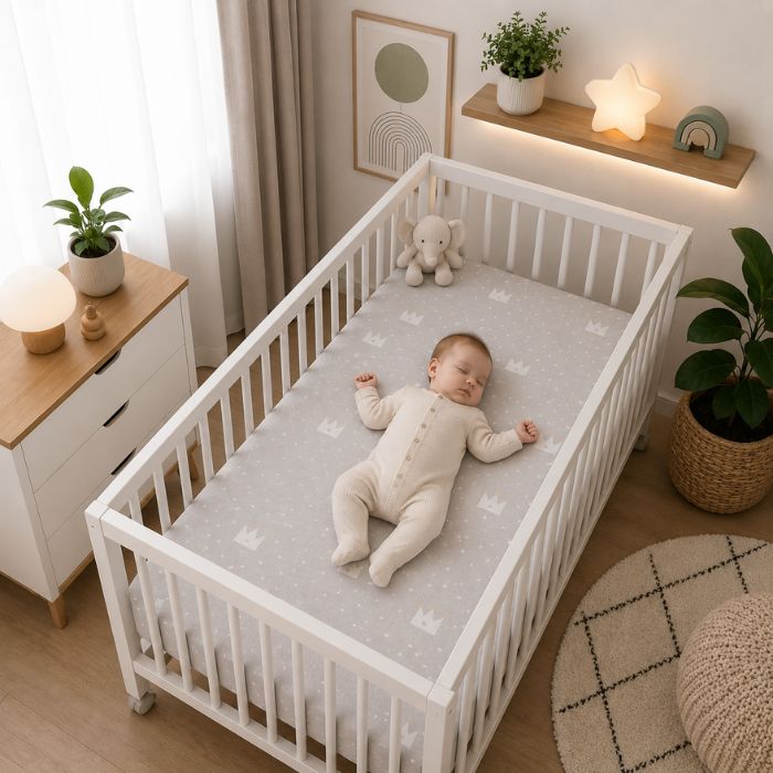 Bébé endormi sur le dos en grenouillere sur drap housse bebe couronne dans lit a barreaux blanc