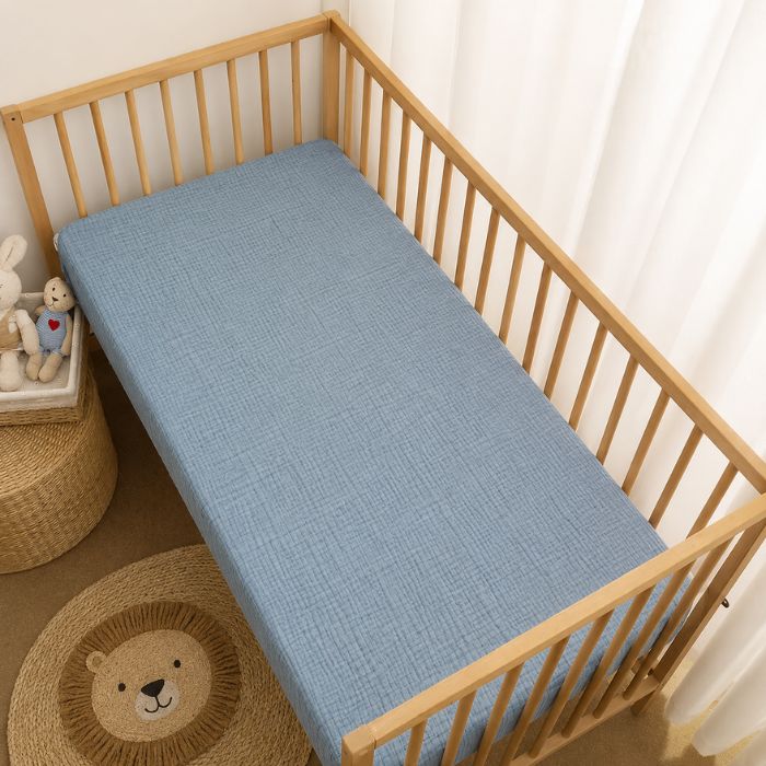 drap housse lit bébé gaze de coton bleu dans lit à barreaux bois 