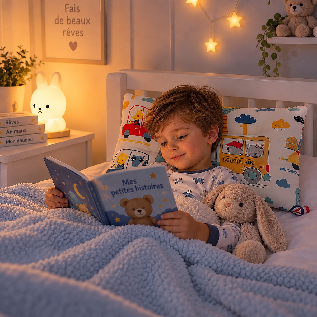 Coussin enfant réversible dans une chambre enfant pendant la lecture du soir