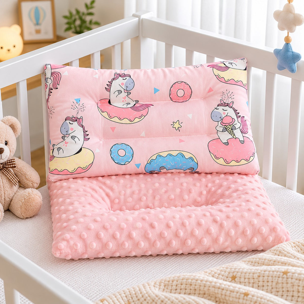 Coussin enfant réversible rectangulaire avec licorne rose avec face minky douce