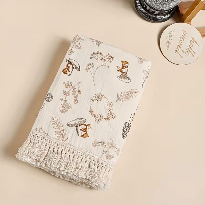 couverture-bebe-motif-foret-et-lapins-avec-franges-pliee
