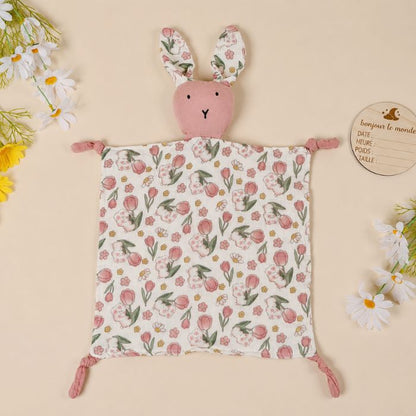 doudou lapin céleste et champêtre avec motifs tulipe et tête de lapin rose