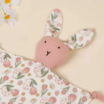 doudou lapin céleste et champêtre motifs tulipe et tête de lapin rose