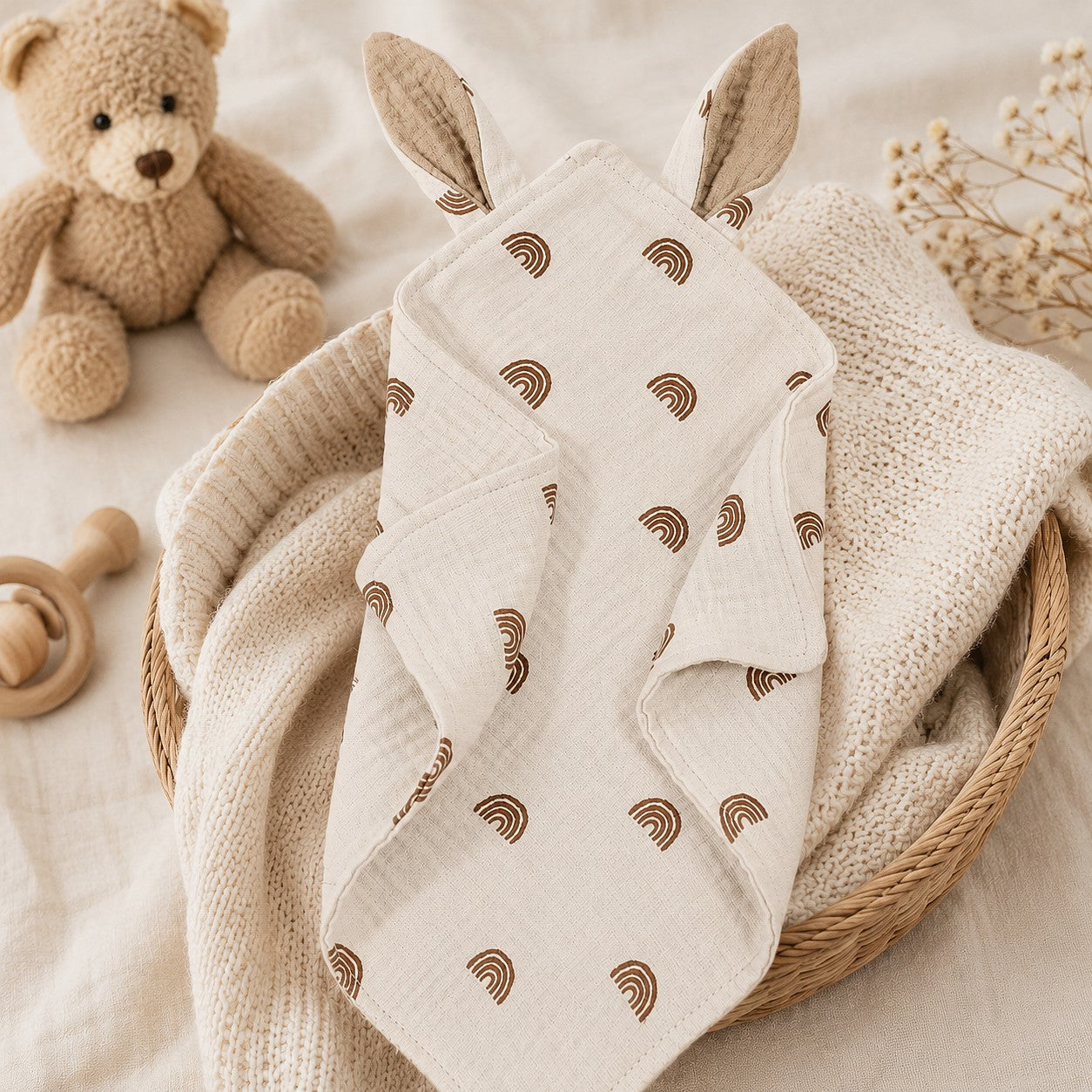 doudou bébé arc en ciel forme lapin en gaze de coton