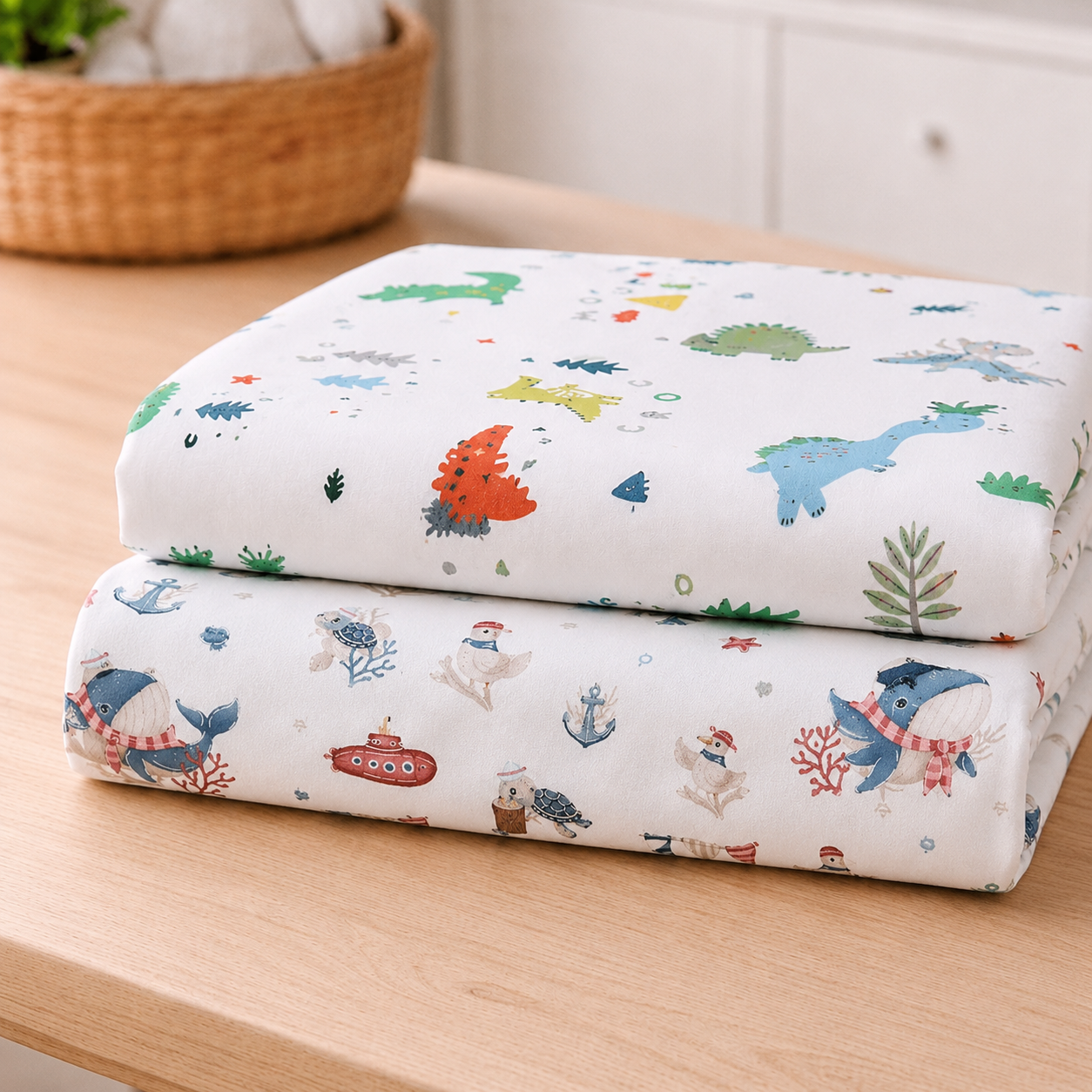 deux variantes de drap housse lit bébé aventurier terre et mer avec motif dino et animaux marins