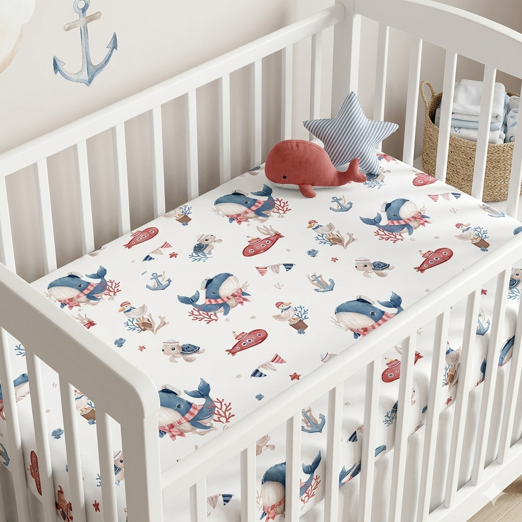 drap housse lit bébé aventurier terre et mer animaux marins dans lit a barreux blanc
