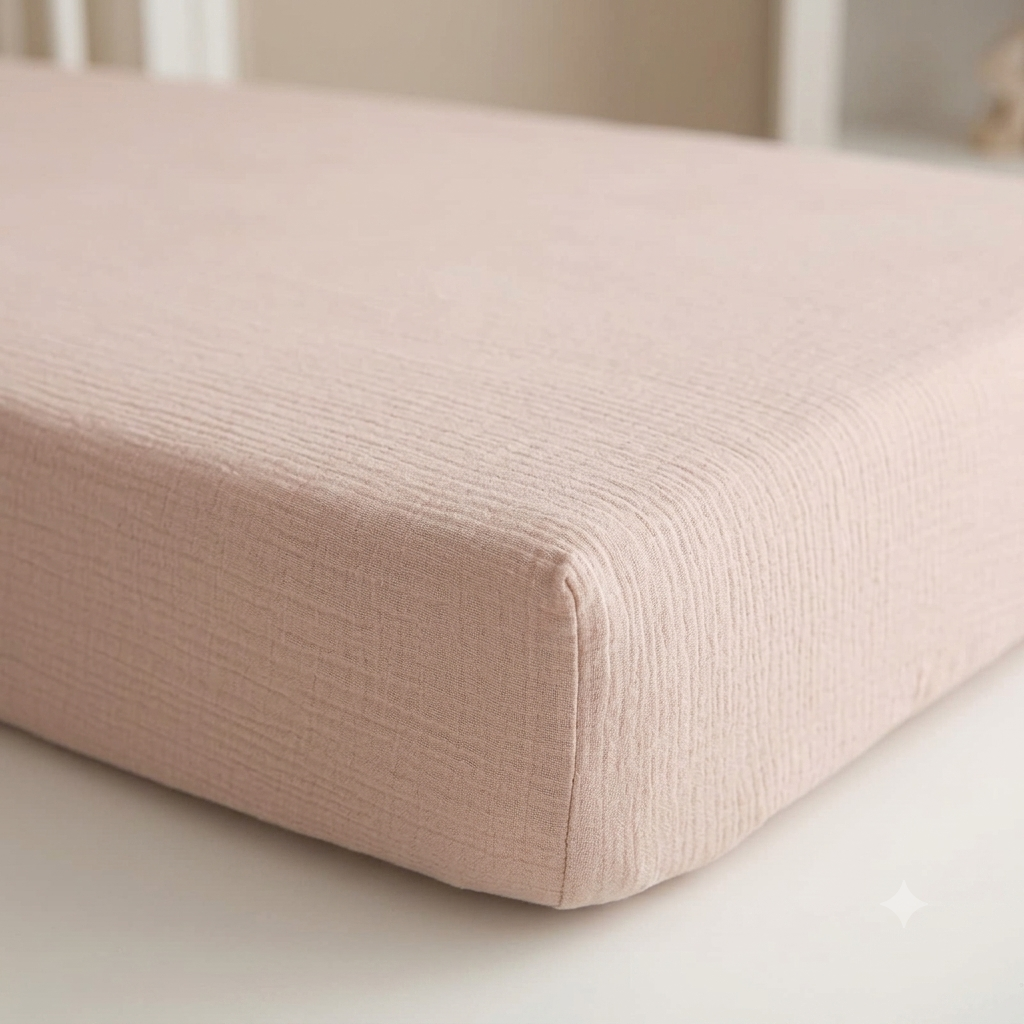 drap housse lit bébé beige uni avec bords bien maintenus